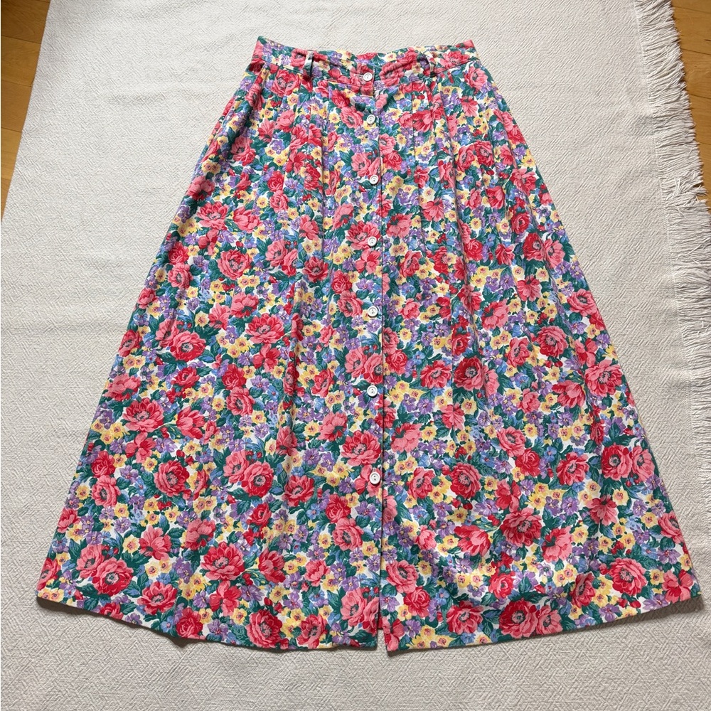 VTG 80s Bitsy Floral Button Front Aline Midi Skirt M Pockets Made in USA - Picture 2 of 7